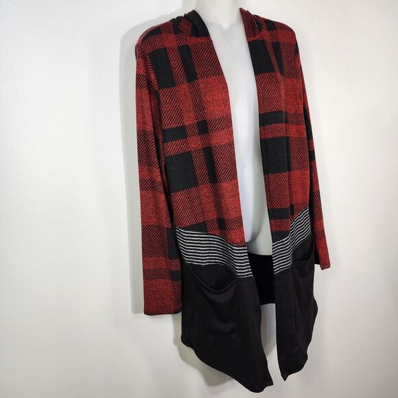 Maurices Womens Hooded Cardigan Medium Buffalo Plaid Block Drape Front Red Black - Picture 6 of 11